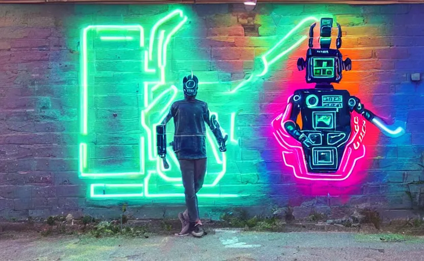 Image similar to mural of a cyberpunk robot, neon colors, painted on a giant wall