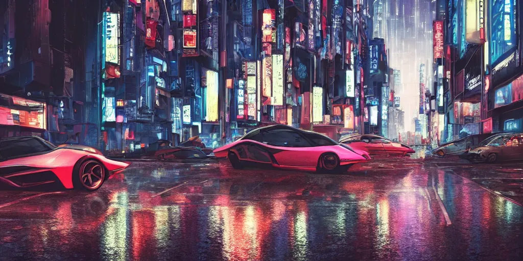 Prompt: Cyberpunk street with futuristic car in the foreground on a rainy day in Japan, evening, low angle view, detailed matte painting, cinematic, Moebius, Artstation