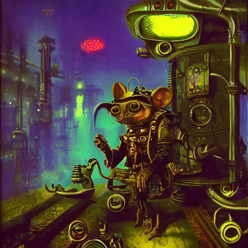 Image similar to steampunk rat, acid, 303, psychedelic, by paul lehr