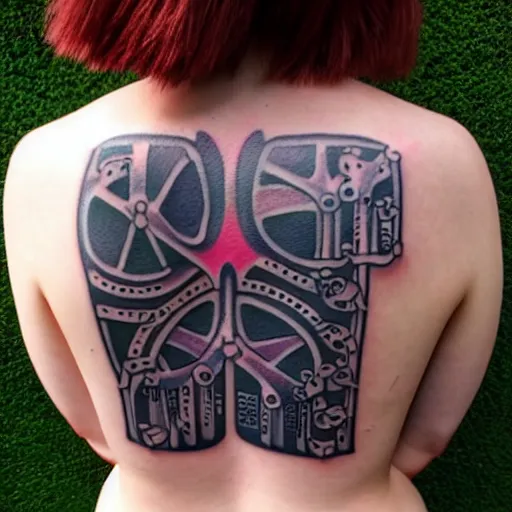 Image similar to sp - 4 0 4 audio mixer in the style of tattoo along female lower back