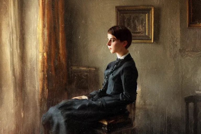 Prompt: detailed cinematic moody colors studio portrait of a victorian short teen with dark short hair in a victorian living room, high quality by jeremy mann, only one full body single portrait