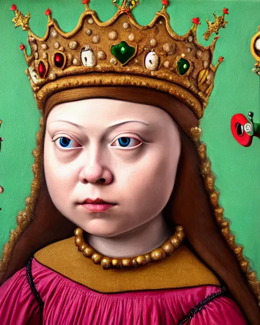 Prompt: closeup profile medieval jan van eyck face portrait of tin toy greta thunberg as a fairytale princess wearing a crown eating cakes in the castle, bikini, nicoletta ceccoli, mark ryden, lostfish, max fleischer, hyper realistic, artstation, illustration, digital paint, matte paint, vivid colors, bright, cheerful, detailed and intricate environment