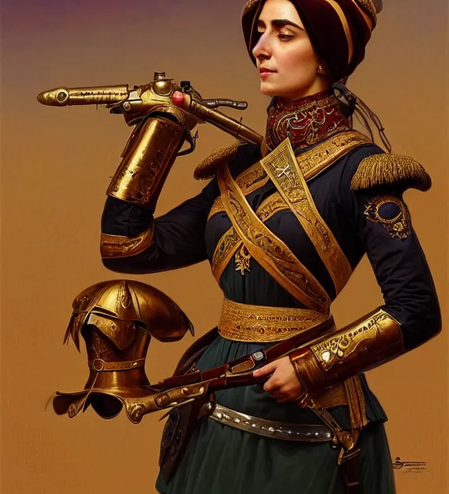 Image similar to portrait of a turkish woman wearing a traditional nineteenth century ottoman empire military uniform, metal shoulder pauldrons, intricate, highly detailed, digital painting, artstation, concept art, sharp focus, cinematic lighting, illustration, art by artgerm and greg rutkowski, alphonse mucha, cgsociety