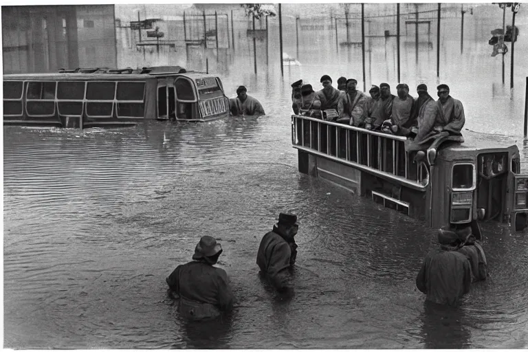 Image similar to Almost completely flooded metro wagon. Photo from inside the wagon, in the center of the frame stands one calm man up to his chest in water and looks at the camera. Warm lighting, old color photo, USSR, extremely detailed, 8k, vintage color