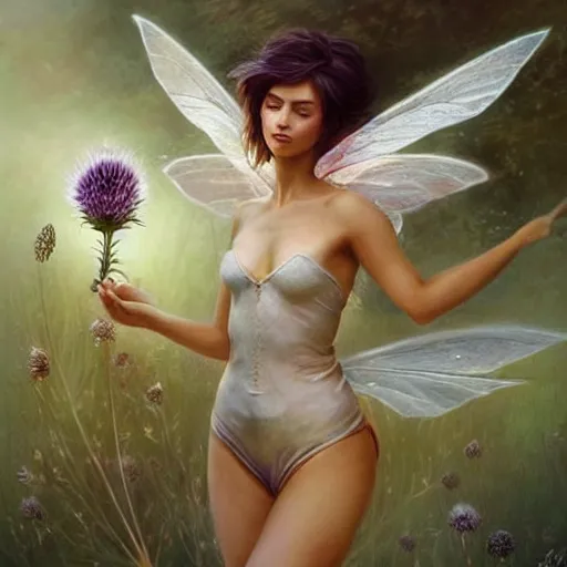 Prompt: a beautiful fairytale painting of a cute thistle seed fairy, a fairy made out of a thistle seed. the thistle seed is her body. dreamy beautiful painting by artgerm and greg rutkowski and magali villanueve