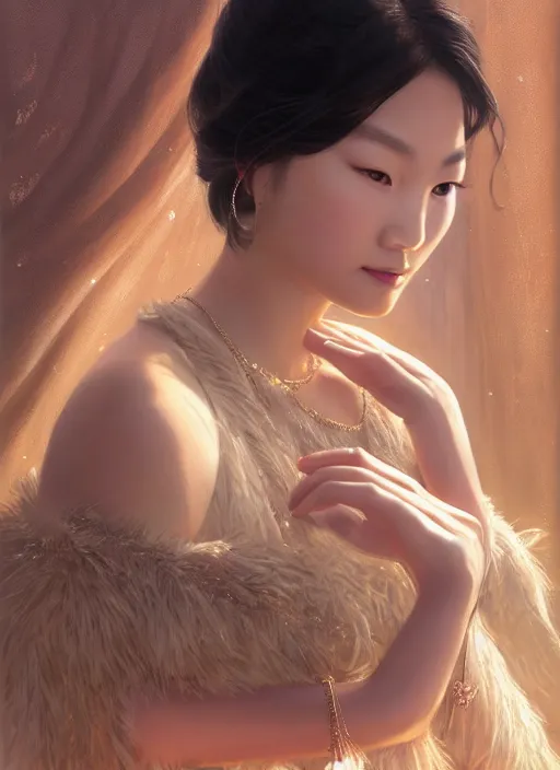 Prompt: a beautiful young charming asian goddess with sundress & jewelry & shinny eyes & winter, symmetric, realistic shaded, unpleasant face, good looking, fine details, dior, lv, realistic shaded lighting poster by greg rutkowski, macoto takahashi, magali villeneuve, artgerm, jeremy lipkin and michael garmash