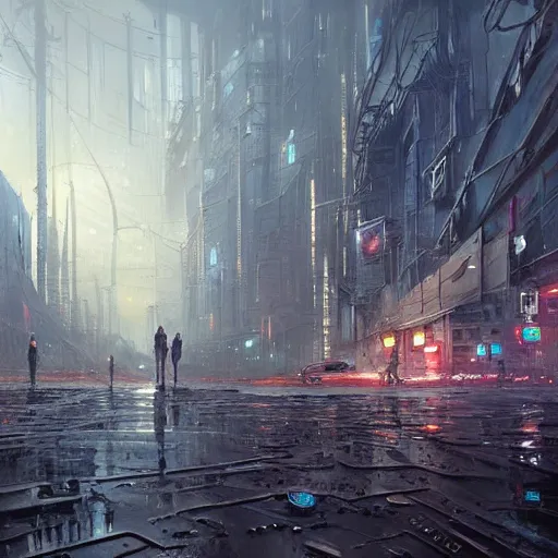 Image similar to A beautiful landscape oil painting of dystopian cyberpunk city by Greg Rutkowski