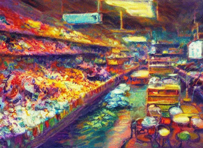 Prompt: clean impasto expressionist bright cheery placid pastel deep cozy moody cluttered painterly fluffy tiny cramped live pet store, aisles of aquariums, slanted ceiling, tiny space, particulate, trending on pixiv