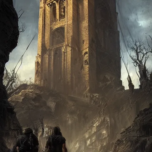 Image similar to epic masterpiece of cinematographic hyperrealism where a group of archeologists appears in front of a large demonic tower. realistic shaded lighting poster by craig mallismo, artgerm, jeremy lipkin and michael garmash, unreal engine, detailed and intricate environment, digital art, art station trends, horror, night, dark lighting, lightning