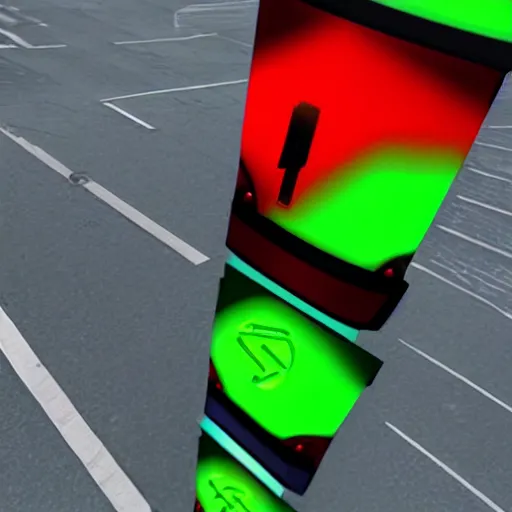 Image similar to a realistic photo of traffic light that uses portals from the video game portal 2 to control traffic by sending vehicle into blue portals and out of organge portals at an intersection