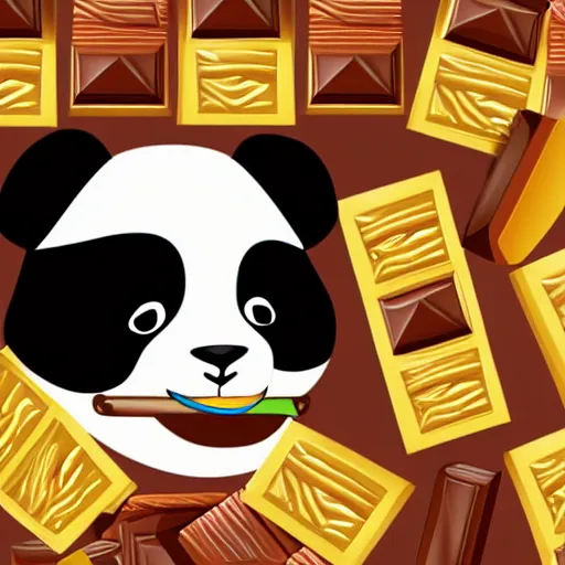 Prompt: vector artwork of a panda eating a chocolate bar, colorful illustration