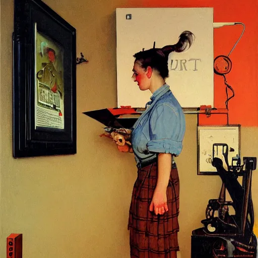 Image similar to Face portrait of a tech witch. Painting by Norman Rockwell.