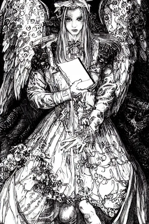 Image similar to Angel Alice in wonderland tarot card , pen and ink, intricate line drawings, by Yoshitaka Amano, Ruan Jia, Kentaro Miura, Artgerm, watercolor