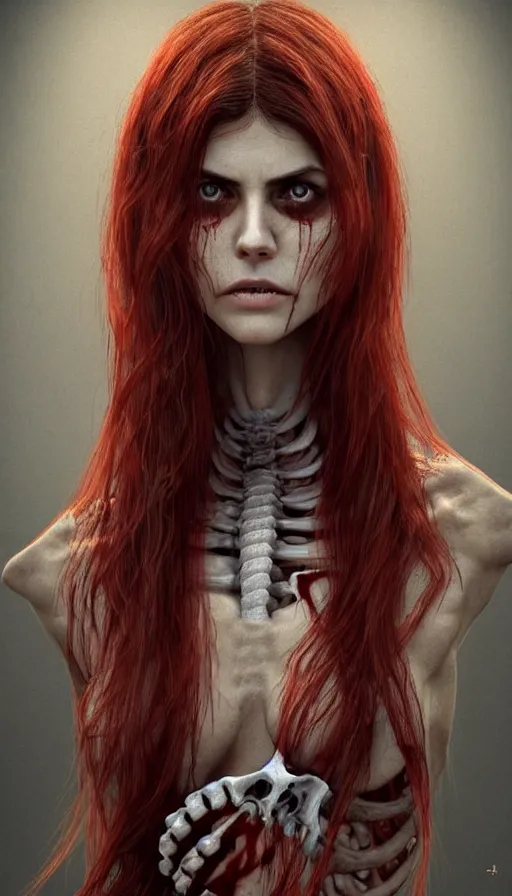 Prompt: woman skeleton body!!, black bones!!, covered with blood, alexandra daddario face!!, long red hair, ultra realistic, concept art, intricate details, highly detailed, photorealistic, octane render, 8 k, unreal engine. retro film still, heavy grain, 3 5 mm, art by artgerm and greg rutkowski and alphonse mucha