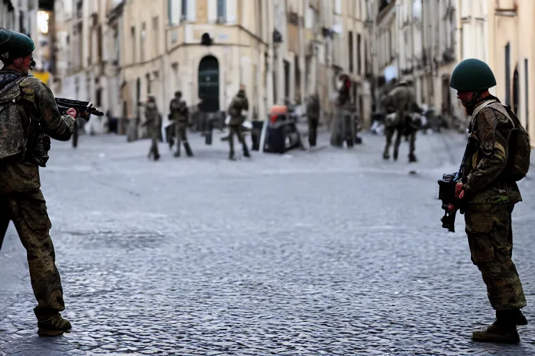 Image similar to first personal view soldier firing in the street of France, photojournalism detailed