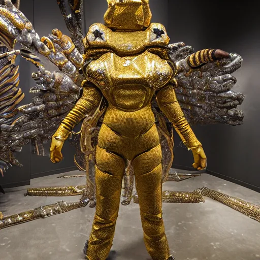 Image similar to full size golden armor, space suit, ornate, made of sniny latex, feathers, crystals, and smoke by giger and irene van herpen + cyberpunk + steampunk + bees, insects, honeycombs + sharpened + extremely detailed + harsh gallery lighting + cinematic