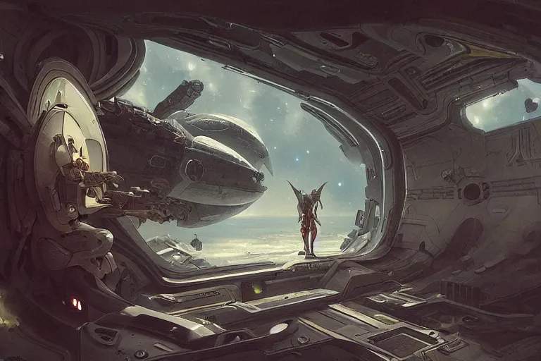 Image similar to a sigma man in futuristic space suit looking at ancient white renaissance spaceship through a time travel spaceship window, scifi, serene, refined, by swang, wlop, peter mohrbacher, jakub rebelka, visually stunning, beautiful, masterpiece