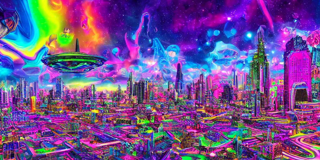 Prompt: psychedelic alien cityscape, photorealistic, hyperrealistic, futuristic, in style of Lisa Frank, cosmic, holographic, 4K, UHD, HDR