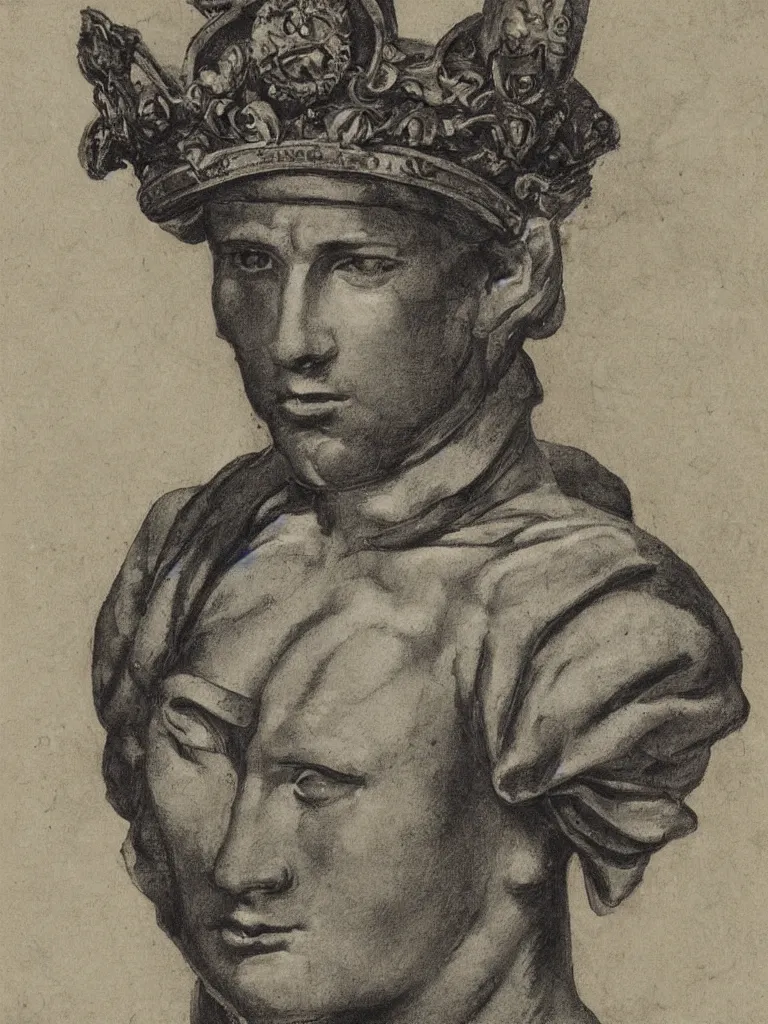 Image similar to portrait of a soldier wearing a crown by michelangelo