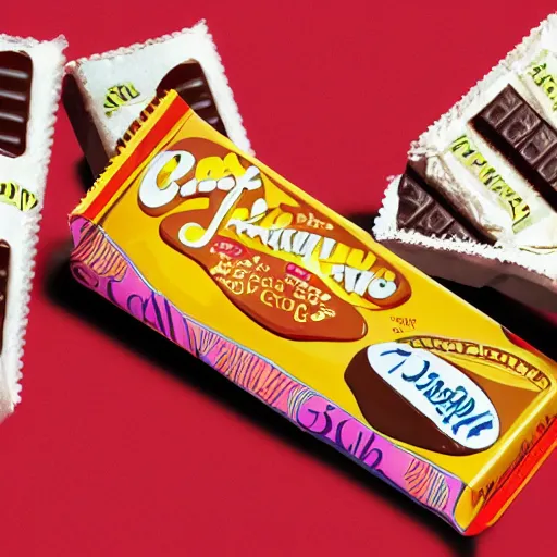 Prompt: chocolate candy bar packaging, 9 0 s style, very appealing, marketing photo