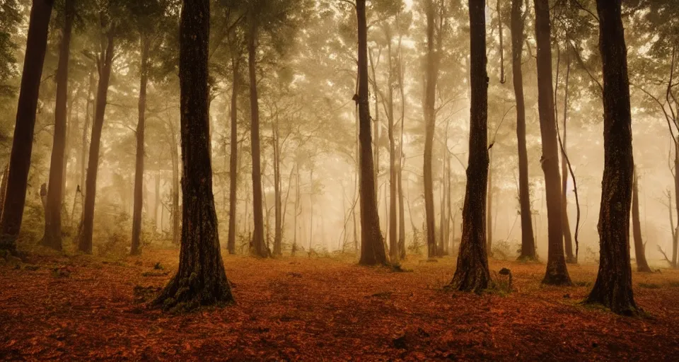 Image similar to a magical forest, thick fog, fireflies flying, big trees, epic lighting, cinematic 4K