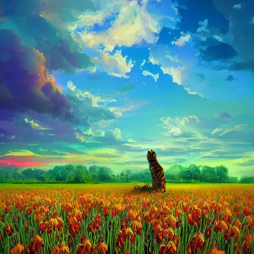 Image similar to a savannah bengal hybrid cat, surreal photography, flower field, beautiful sunset on a summer day light, impressionist painting, colorful clouds, blue sky, digital painting, artstation, simon stalenhag