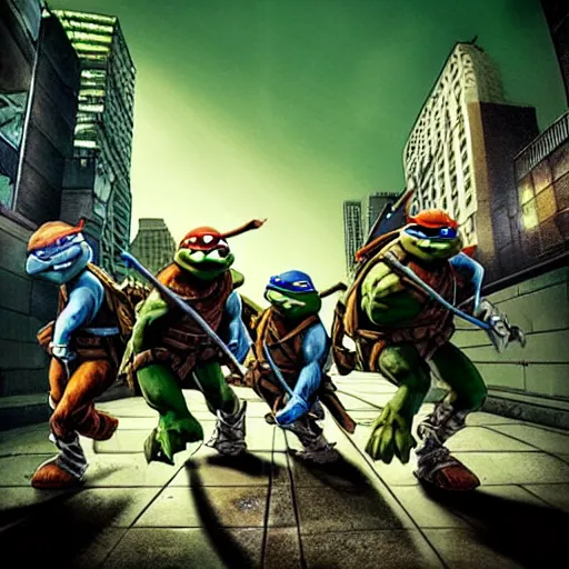 Image similar to Epic shot of Teenage Mutant Ninja Turtles coming out from the sewers