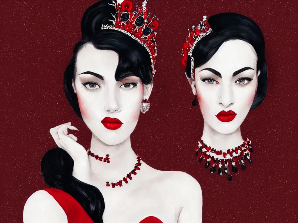 Image similar to a woman with dark eye shadow, white skin, red lips, slick black hair slicked back, an intricate crown of beads hanging over her eyes in the style of the Cell, artstation trending, painterly, Alexander mcqueen, red dress with high collar, flat illustration