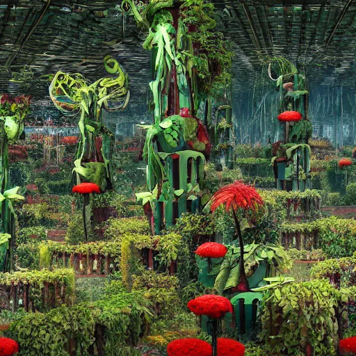 Image similar to panoramic view of a jungle of flowers and vines growing among great heaps of chrome machinery with piles of rusty weapons and broken plastic androids in puddles of glistening oil, artists tram pararam and doctor seuss with beryl cook and hr giger, high contrast cinematic light, mystical shadows, sharp focus, octane render