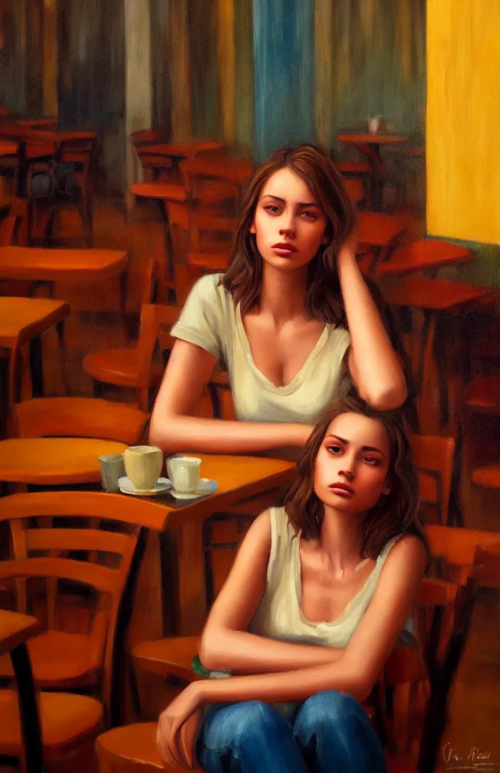 Image similar to a portrait of a beautiful girl sitting in a cafe, cuban setting, warm colors, soft lighting, atmospheric, cinematic, moody, in the style of diego koi, gina heyer, luiz escanuela, art by alyssa monk, hyperrealism, rule of thirds, oil on canvas, 8 k