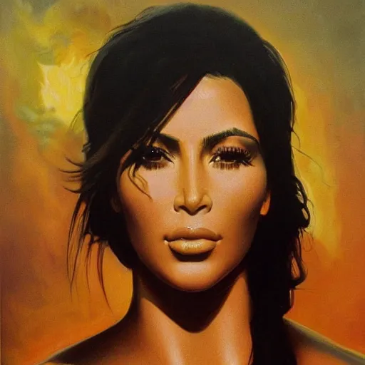 Image similar to ultra realistic portrait painting of kim kardashian in aliens, art by frank frazetta, 4 k, ultra realistic, highly detailed, epic lighting.