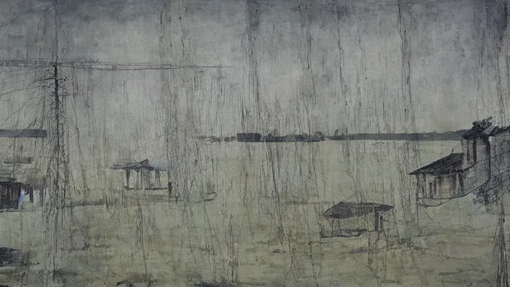 Image similar to a chinese prison near a river by peter doig, muted colors