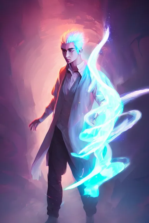 Image similar to a human elemental sorcerer, blurred environment background, colorful magic effects, white skin, portrait, male, clothed, sharp focus, digital art, concept art, trending on artstation, dynamic lighting, by emylie boivin and rossdraws