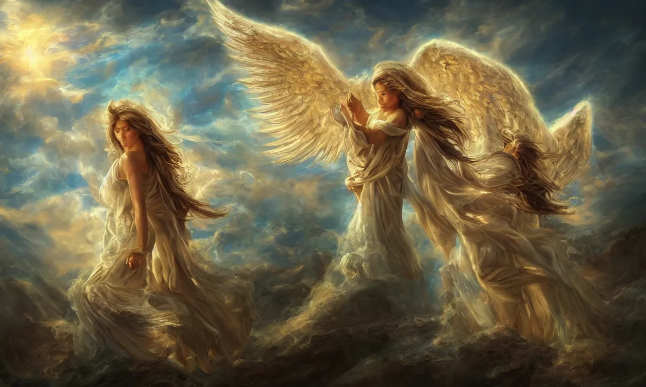 Prompt: Angel with many many wings, backlit by golden sun, realistic painting, classical painting, high definition, digital art, matte painting, vibrant, mystical, fantasy art, very detailed, realistic