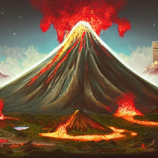 Image similar to a volcano in eruption with ancient ruins,retrowave art,trending on art station