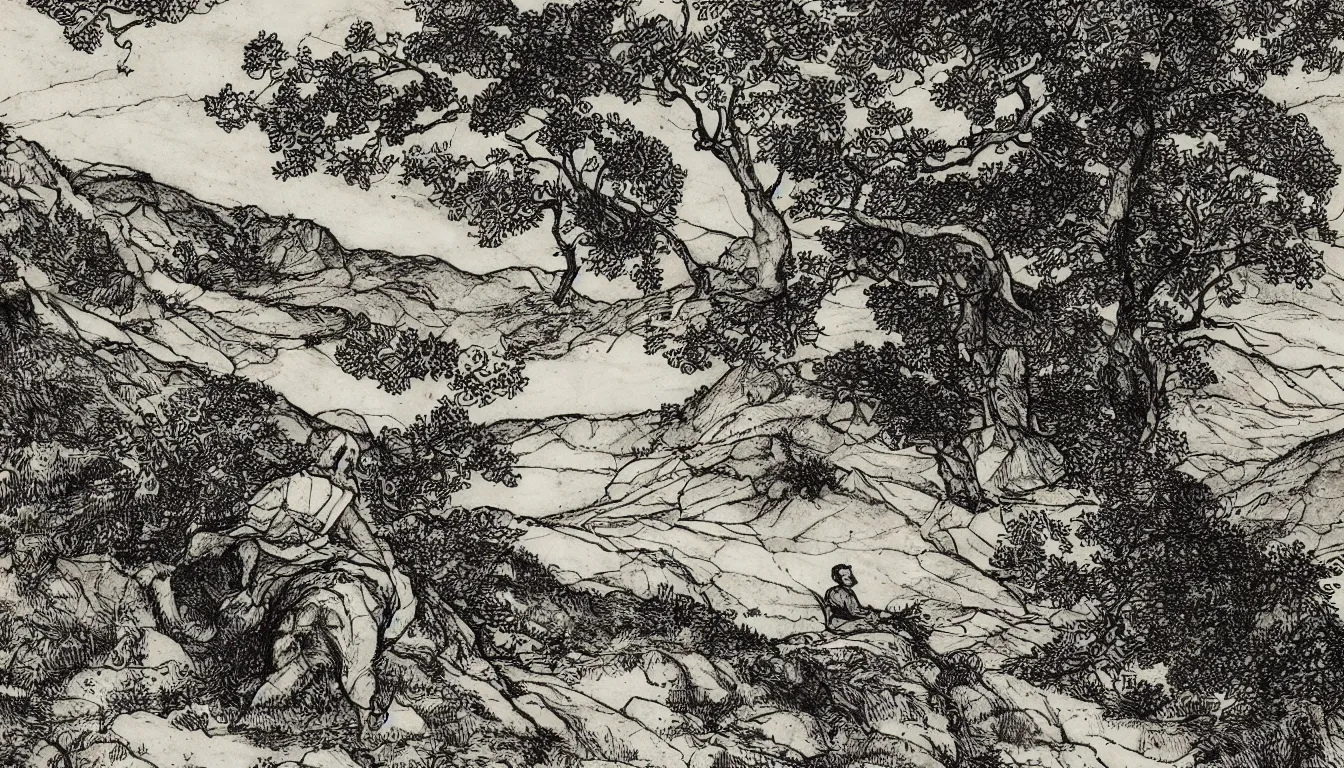 Image similar to a person sits on a mountain side while wind blows through the trees, pen and ink, 1 5 0 0 s, 8 k resolution