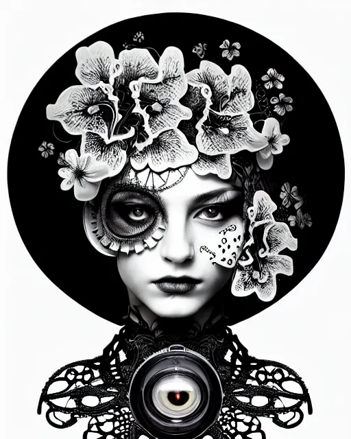 Prompt: black and white masterpiece profile portrait painting with no frame, one steampunk eye silver lace floral biomechanical beautiful young female cyborg, big monocular, volumetric light, hibiscus flowers, by hg giger, rim light, big gothic fashion pearl embroidered collar, 8 k