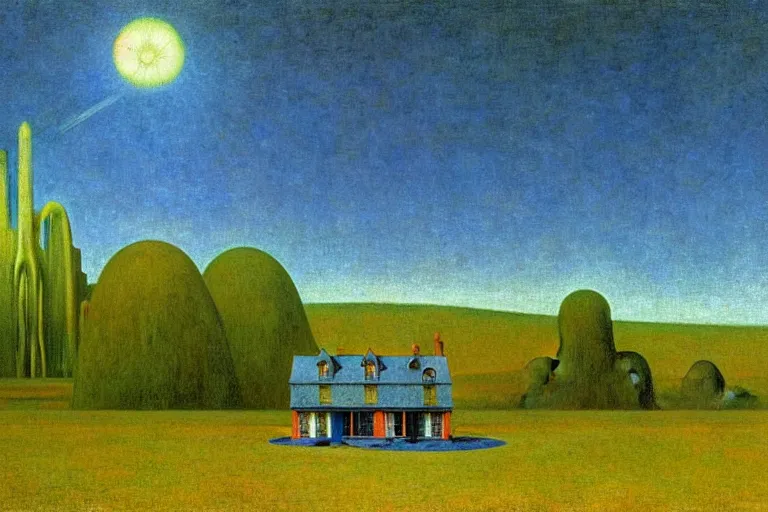 Image similar to realistic detailed landscape painting a single edward hopper house in a plain field, single ufo in the sky, futuristic sci-fi forest on background by Jean Delville, Amano, Yves Tanguy, Alphonse Mucha, Ernst Haeckel, Edward Robert Hughes, Roger Dean, rich moody colours, blue eyes