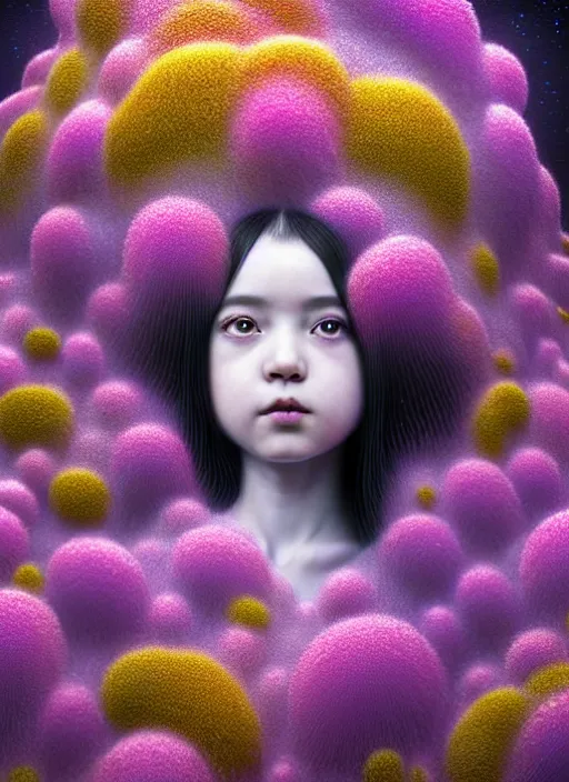 Image similar to hyper detailed 3d render like a Oil painting - kawaii portrait Aurora (black haired Fae) seen Eating of the Strangling network of yellowcake aerochrome and milky Fruit and Her delicate Hands hold of gossamer polyp blossoms bring iridescent fungal flowers whose spores black the foolish stars by Jacek Yerka, Mariusz Lewandowski, Houdini algorithmic generative render, Abstract brush strokes, Masterpiece, Edward Hopper and James Gilleard, Zdzislaw Beksinski, Mark Ryden, Wolfgang Lettl, hints of Yayoi Kasuma, octane render, 8k