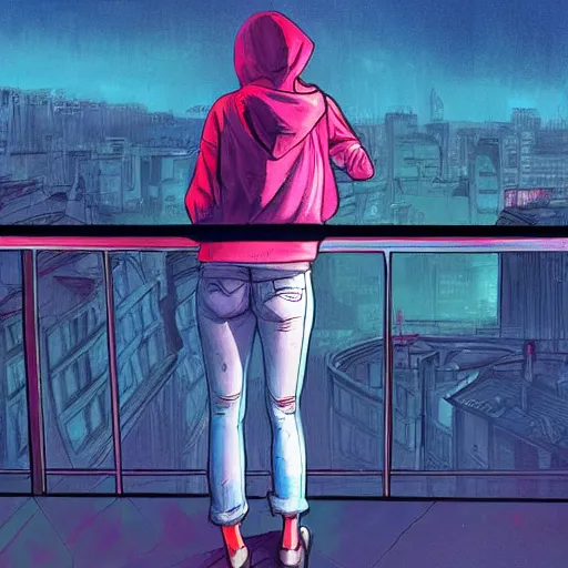 Image similar to emma watson in jeans and hoodie sitting on the balcony of a hotel at night, top view, neon and rainy theme atmosphere by Jerome Opeña, featured on artstation