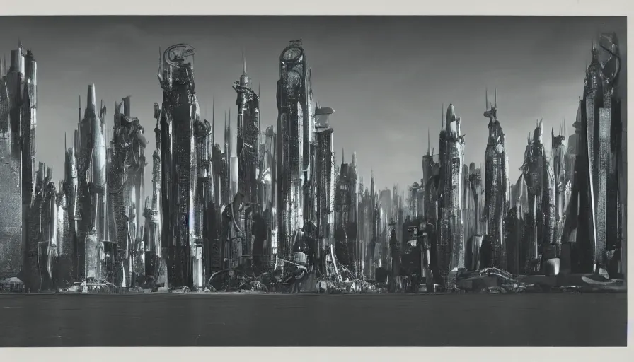 Image similar to platinotype photograph of a sci-fi futuristic city