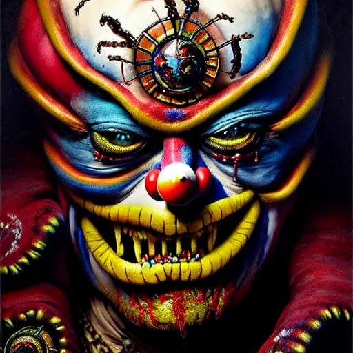 Prompt: uhd photorealisitc authentic psychotic madman wearing ornate clown costume and intricate voodoo makeup, intricate details, vivid colors, frightening surroundings, correct details, in the style of amano, karol bak, akira toriyama, and greg rutkowski