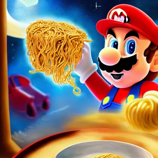 Image similar to mario in space eating ramen, trending on artstation, ultra realistic, ultra detailed, digital painting