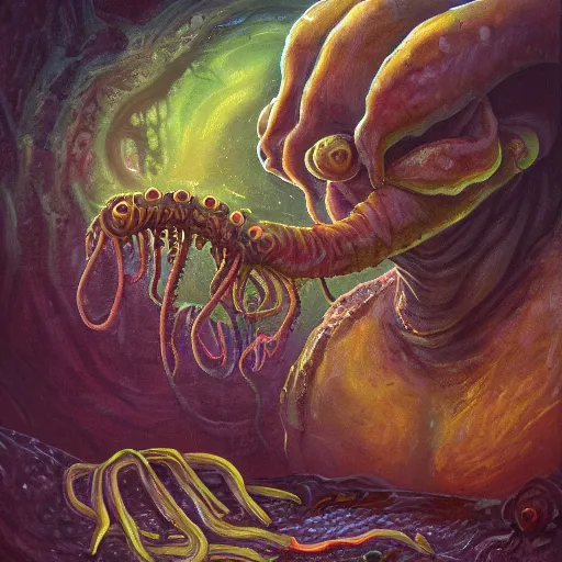 Prompt: disgusting slimy alien with hairy sphincter instead of mouth, tentacles, inside cave full of eggs, mike mignogna, dark vintage sci fi, strong contrasts, vivid colors, oil painting, trending on artstation, rough paper