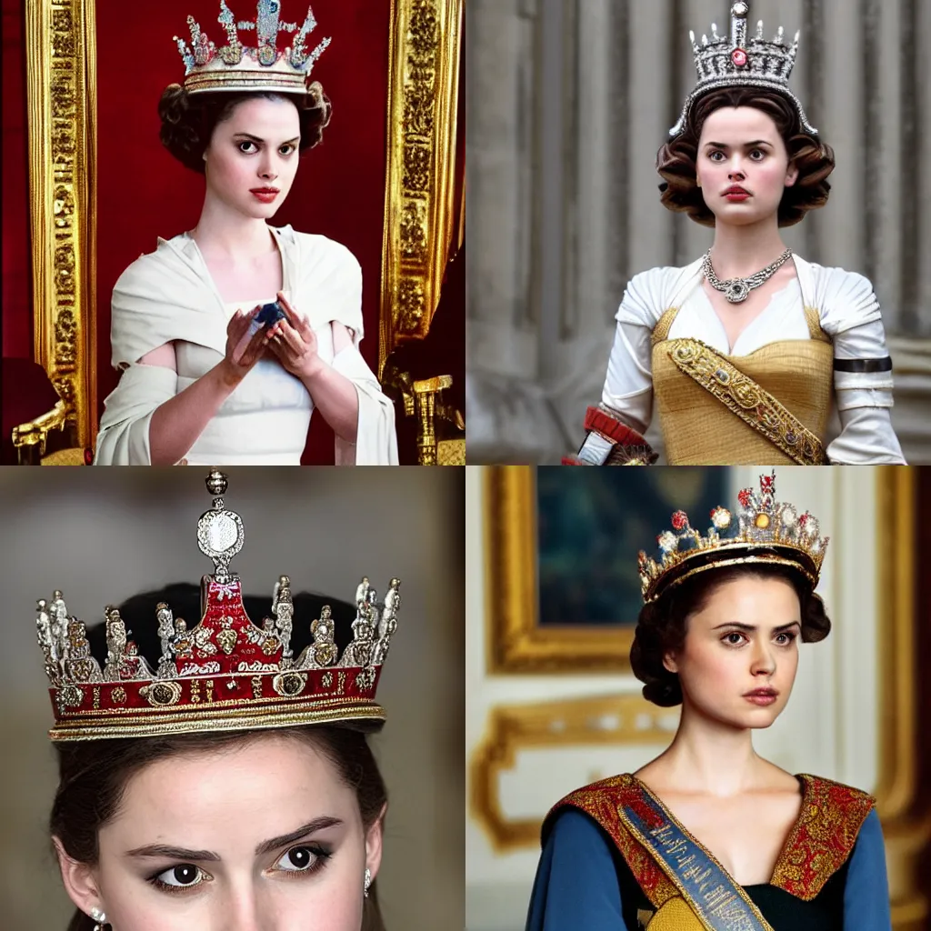 Prompt: Padme Amidala as the Queen of England, in Buckingham Palace, wearing a crown