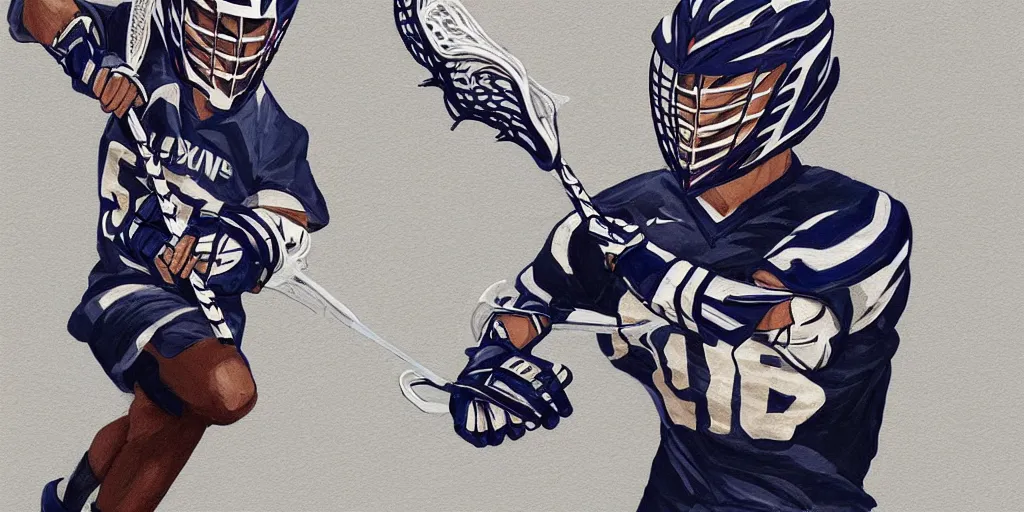 Image similar to lacrosse player, simple background, cascade helmet, concept art, trending on arstation, very detailed, 8 k, high resolution, symmetry, normal proportions, sport illustration, cascade xrs custom lacrosse helmet, brine lacrosse stick, brine lacrosse king v gloves, nike alpha huarache 7 elite, stx surgeon 7 0 0 lacrosse arm guards