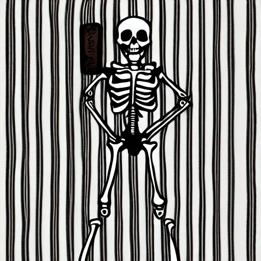 Image similar to skeleton wearing striped pajamas, digital illustration in the style of tim jacobus and dungeons & dragons and magic the gathering, bedroom, nightcap, comfy, sleepy, dim lighting, detailed