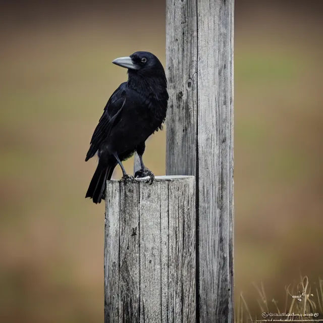 Image similar to crow on a fence post, nature photography, wildlife photography canon, sony, nikon, olympus, 4 k, hd, telephoto, award winning, depth of field, golden hour