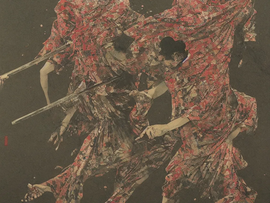 Prompt: Japanese schoolgirl runs away from Samurai with a katana on the subway, high detailed Beksinski painting, part by Adrian Ghenie and Gerhard Richter. art by Takato Yamamoto. masterpiece