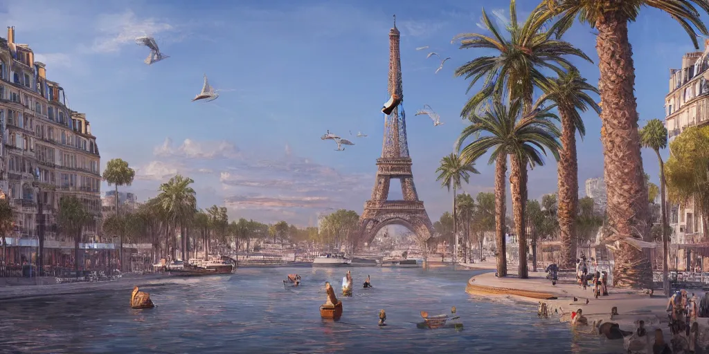 Prompt: the beautiful bustling city of paris rebuilt as a coastal city in california, beautiful weather, palm trees, splendid haussmann architecture, eiffel tower in the middle, digital painting, highly detailed, intricate, concept art, matte painting, trending on artstation